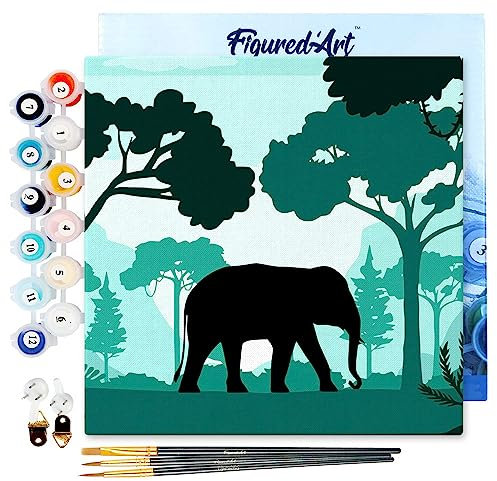 Figured'Art Mini Peinture par Numéro Adulte 20x20cm avec cadre Éléphant dans la forêt verte - Petit Format Kit de Loisir Créatif DIY Numéro d'Art Complet