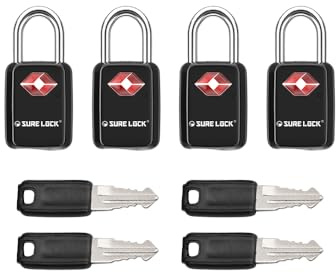 Sure Lock TSA-zugelassene Gepäckschlösser – ein Schlüssel öffnet alle, kompakt und langlebig, Zinklegierung, Reiseschloss mit Stahlbügel, gleichschließend (schwarze 4 Schlösser, Mini-Größe für Koffer