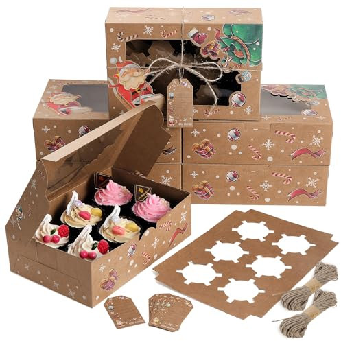 Coolty 20 Stück Cupcake Boxen 6 Löcher Karton Verpackung Boxen Bäckerei Gebäck Boxen mit Fenster und Einsätze für Cookies Muffins Cupcakes Desserts Torten (Brauner Weihnachtsstil)