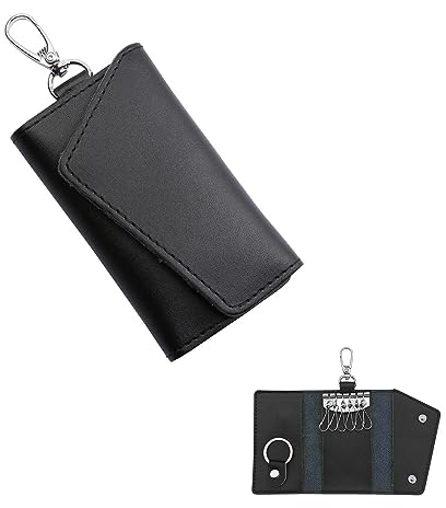 FuninCrea Portachiavi con Custodia in Pelle, Portatile Portachiavi Chiuso con Portachiavi, Chiusura a Scatto Portachiavi Borsa, Borsellino Portachiavi, Portachiavi per Auto per Chiave (Nero)