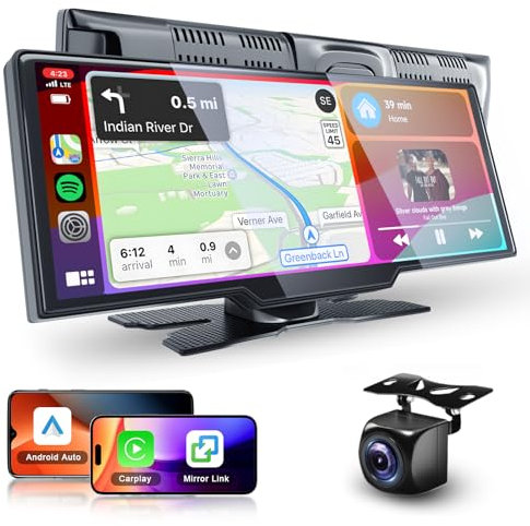 Podofo 10,26 pollici CarPlay Schermo wireless Android Auto lettore stereo,GPS Navigation,Bluetooth/Mirror Link,IPS Touch Screen con Telecamera Posteriore 15M DC7-32V,Trasmettitore FM/AUX/SD