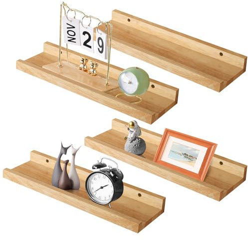 YheenLf Wandregal, 4er Set, 40 x 12 cm Schweberegal, Regalbrettmit für Fotorahmen und Dekos, für Wohnzimmer, Arbeitszimmer, Badezimmer, Küche, Holzfarbe