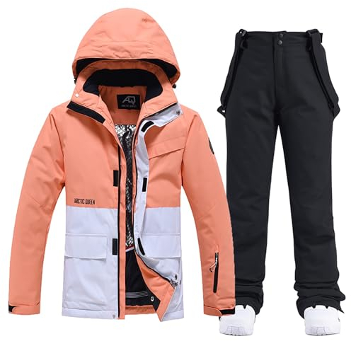 LEIDIMUS Ski-Jacken Und Hosen Set Für Damen, Dickes, Warmes, Atmungsaktives Schneeanzug-Snowboard-Outfit, Winddichter Und Wasserdichter Skianzug,Orange2,M