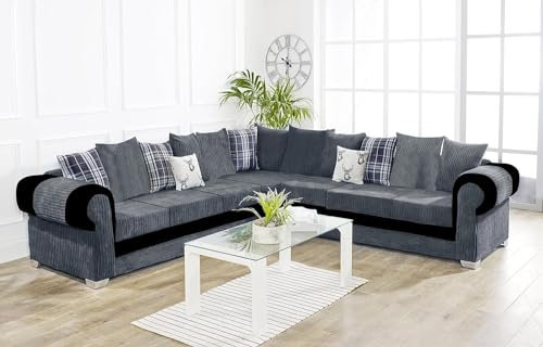 Modern Grey Jumbo Cord Corner Sofa Settee For Living Room - Luxury 3C3 Scatter Back Cushions - Cheap 7 Seater Sofas & Couches - 555