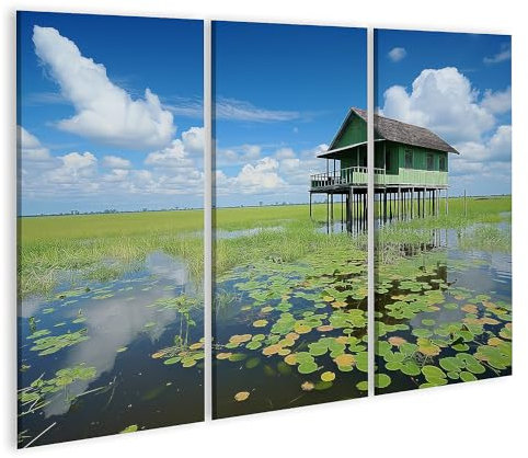 islandburner Prime Bild auf Leinwand Idyllisches Stelzenhaus im friedlichen Marschland mit üppigen Wasserlilien Wohnzimmer Kunstgalerie Bilder Wandbilder Poster