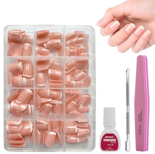 DMQ French Tip Press on Nails Short, 240Pcs Squoval False Nails, X-Coat Tips Nude French Fake Nails, Full Cover Glue on Nails White Tip French Nail Art Manicure Decorations for Girls Women