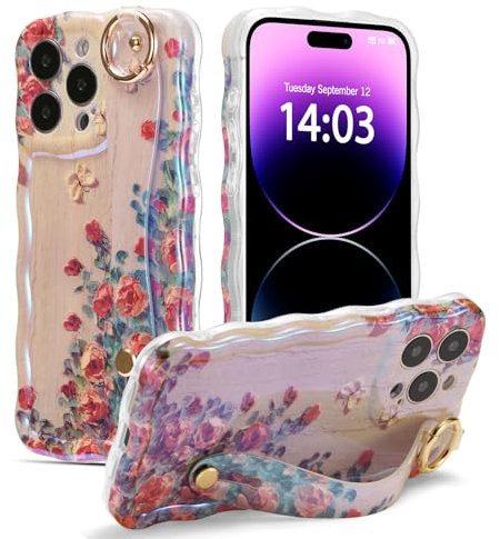 EYZUTAK Case with Hand Strap for iPhone 13 Pro Max, Colorful Oil Painting Flower With Wristband Kickstand Laser Curly Wave Edge Phone Cover Stylish Durable TPU Protective Case for Women - Beige