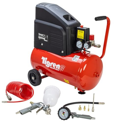 Tigren Direct Drive Air Compressor, Oil-Free 230V 24L 2hp / 1.5kW 116psi / 8 Bar 8CFM 97d with 7 Piece Accessory Air Kit Including Spray Gun, Air Hose & Inflator with Gauge and Nozzle Set