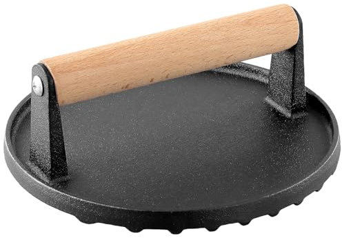 UNGFEI 1 prensa de hamburguesas de 7 pulgadas, 17,5 x 6,8 cm, negro con mango de madera, prensa de hamburguesas de hierro fundido para plancha, barbacoa, prensado de carne