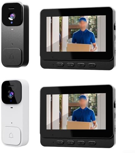 Hasaller Sonnette vidéo intelligente de 10,9 cm avec écran d'affichage sans fil, interphone bidirectionnel, sans perçage, interphone vidéo à piles (noir)