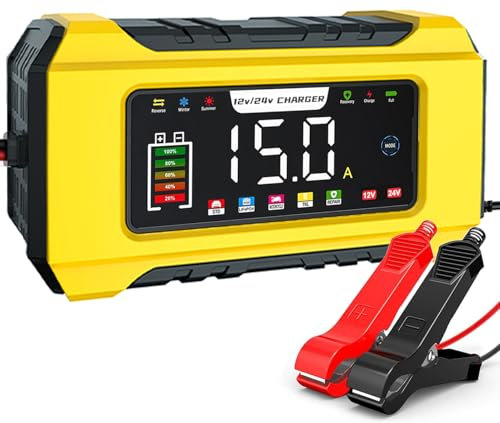 Chargeur de batterie de voiture 15 A, 12 V/24 V, chargeur intelligent automatique avec écran LCD, compensation de température pour voiture, AGM, gel, humide, SLA pour batteries au plomb et batteries