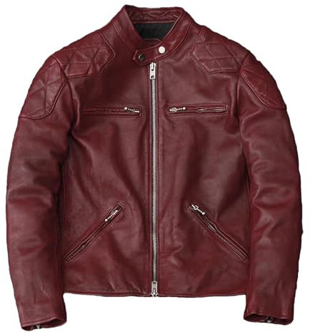UIOKLMJH Herren-Lederjacke, schmal, für Motorrad, Schaffell, weicher Mantel, rot, L