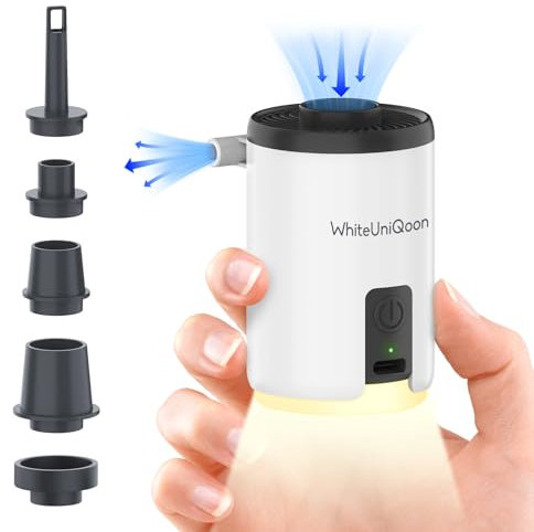 WhiteUniQoon Air Pump for Inflatables, Mini Air Pump with 1600 mAh Battery & Camping Light USB Rechargeable to Quickly Inflate Deflate for Pool Floats, Air Mattress, Swimming Ring, Vacuum Storage Bags
