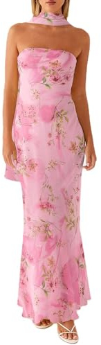 Acrawnni Damen Y2k Blumen-Maxikleid mit Schal, ärmellos, trägerlos, rückenfrei, Netzstoff, lang, figurbetont, formelles Cocktail-Sommerkleid, A-Pink, M
