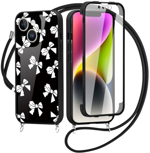 Saqmkil Funda con Cuerda para iPhone 14 6,1'' con Protector de Pantalla Integrado, 360 Grados Transparente Antigolpe Carcasa con Ajustable Collar Cordón, Aesthetic Dibujos Diseño Case, Pajarita 02