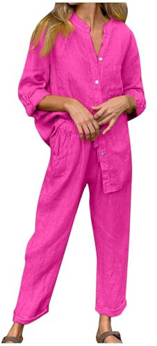 Set da 2 pezzi per donne che escono a maniche lunghe, camicie e pantaloni con bottoni, taglie forti, in cotone e lino, abbigliamento da salotto taglia UK, 02 fucsia, 3XL