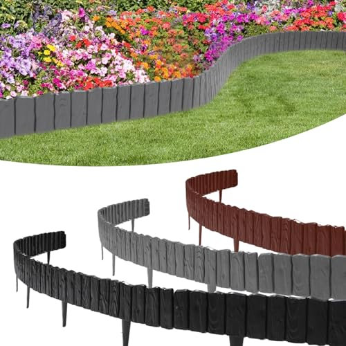 Jiubiaz Kunststoff Rasenkante 9.12M Holz Optik Garden Border aus Polypropylen Braun 16 Stück Palisade Beetumrandung Rasenkante Beeteinfassung 1 Element LxH: 57x21 cm