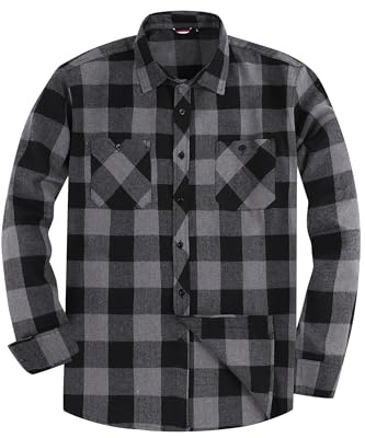 JupiterSecret Camisa de franela para hombre, manga larga, camisa a cuadros de corte regular con cuello con botones y bolsillo en el pecho, gris, XL