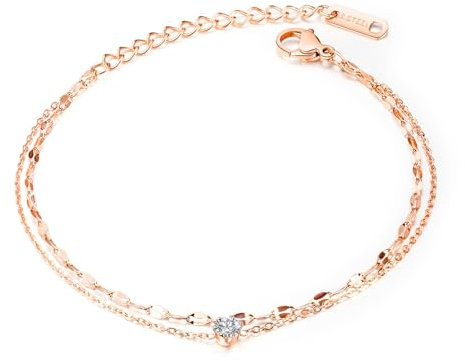 Glintara Fußkettchen für Damen, Rosegold Fussketten für Frauen, Doppelte Fußkette mit Rund Zirkon, Strand Barfuß Fußspange Knöchel-Kette, Sommer Fußschmuck Geschenke für Freundinn - Verstellbar 22+5cm