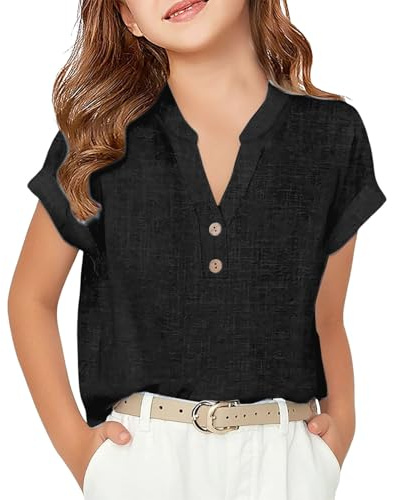 T-shirt à manches courtes en lin uni avec boutons pour filles - Col à revers - T-shirt décontracté pour la plage - Léger et ample - Col en V - Tunique d'école préparée 2025, Noir , 8-9 ans