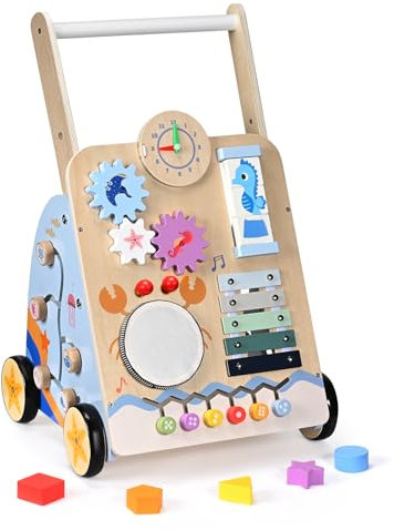 Lauflernwagen Holz, Lauflernwagen Baby Lauflernhilfe mit Rädern & Bauklötzen Spielgeräte Aktivitätszentrum Set, Multifunktion Baby Walker Spielzeug Geschenk für Kleinekinder Kinder 10 Mon. - 1-2 Jhr.