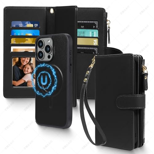 CMIDUS Magnetic Case for iPhone 15 Pro Max Wallet Compatible with Magsafe RFID Blocking Card Holder Detachable Phone Cover Kickstand Snap Strap Zipper Pocket PU Leather 6.7 inch (Black)
