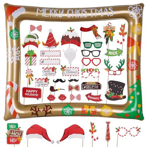 Werownsgso 39 Stück Weihnachtsfeier Fotorequisiten Weihnachten Aufblasbare Fotorahmen Weihnachtsmann Fotobox Accessoires Lustige Foto Selfie-Requisiten für Erwachsene Weihnachtsfeier Zubehör