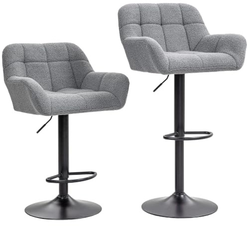 HOMCOM 2er-Set Barhocker Höhenverstellbar 57,5 x 52,5 x 93-114 cm Grau | 360° Drehfunktion, Barstuhl, Küchenstühle, Bistrohocker, Kunstleder, Lehne, Fußstütze, für Küche, Bartheke, Esszimmer