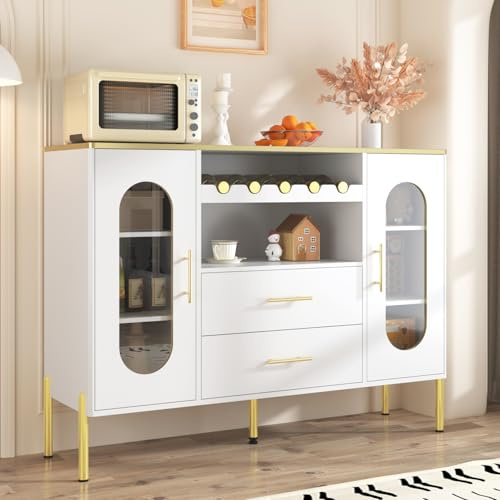 OLIVIBED Sideboard mit Glasfronten & Weinregal, Modern Küchenschrank mit Schubladen und Türen, Anrichte mit Griffe und Beine, Highboard für Küche, Esszimmer, Weiß, 120x38x90cm