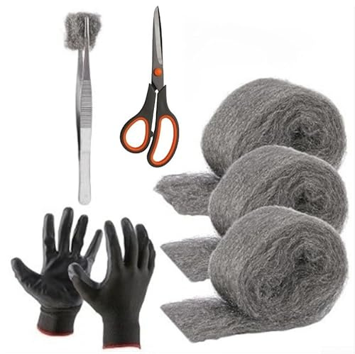 3 Pack Steel Wool with Gloves and Scissors for Filling Gaps in Home and Garage, Resistant Metal Fibers for Long Lasting Pest Control Barrier