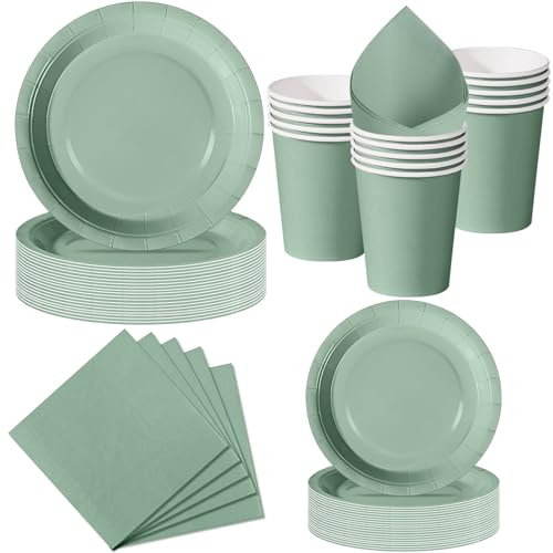 Nkaiso 50 Pcs Vert Sauge Assiette Jetable Anniversaire -10 invités | 10 Assiettes 23cm, 10 Assiettes 18cm, 10 Gobelets, 20 Serviettes pour Decoration Party, Baby Shower, Nationale