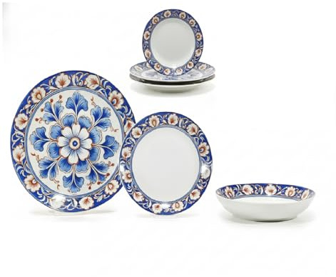 Servizio Piatti 18 Pezzi in Porcellana Decorata Corinzia – Stile Classico Floreale Blu e Terracotta – Piatto Piano Fondo Frutta – Servizio Tavola Elegante per 6 Persone