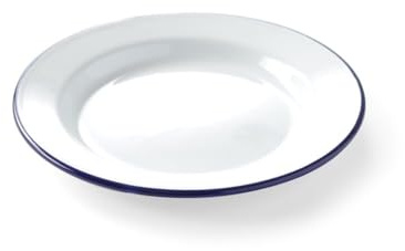 HENDI Assiette en acier émaillé blanc, avec bord bleu, récipient, plat rond, assiette plate, ø240x(H) 22mm (Lot de 6)