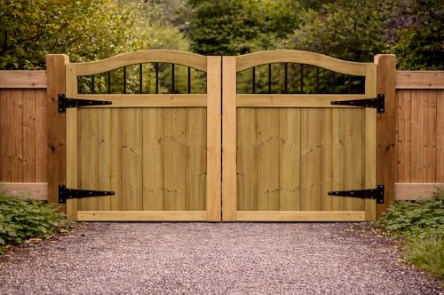 Wooden Swan Neck Driveway Gates – Heavy Duty Treated Timber Double Gates, Garden & Driveway Entrance, Traditional (180cm High x 300cm Wide x 5cm Deep)