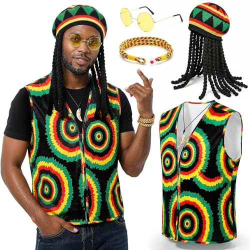Jamaika Kostüm Set 5-Teilig Rasta Outfit Mit Dreadlocks Perücke Mütze T-Shirt Sonnenbrille Armband Halskette Für Reggae Hippie 70er Jahre Karneval Halloween