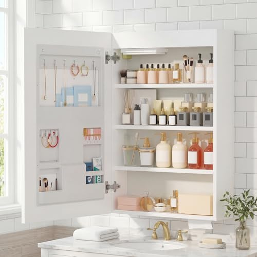 3 Shelves LED Bathroom Mirror Cabinet with Shaver Socket,Wall Mounted Mirror Cabinet with 3 Colors Adjust-Lights&Concealed Storage,Single Door Bathroom Cabinets with Mirror,Bathroom Storage Cupboard