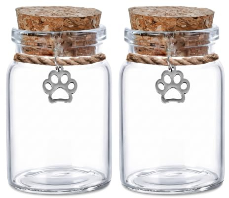 CavspkArt 2Pcs Pet Fur Keepsake Glass Bottles with Cork Stoppers (Style 2) | Transparent Memorial Jars for Dog and Cat Hair, Pet Hair Storage Containers, Sympathy Gift for Pets Owners