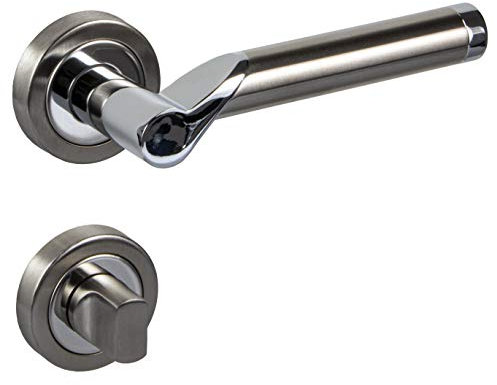 Design Drückergarnitur Innentüren Türbeschlag Edelstahl matt - Chrom poliert - MIRAGE | Türgriff Zimmertüren auf Rund-Rosette | WC - Badezimmer | Klasse 3 geprüft | 1 Türgarnitur Bad inkl. Schrauben