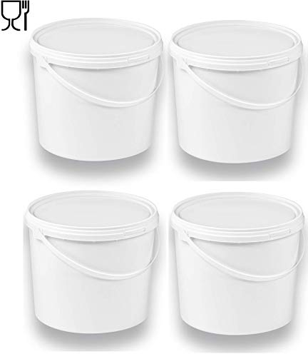 4 x 5 Liter Eimer mit Deckel weiß, stapelbarerer Milch-/Vorratseimer, Honigeimer Kunststoffeimer mit Lebensmittelfreigabe, Lebensmittelechte Behälter, Leereimer für Mehl, Wassereimer, 4 Stück
