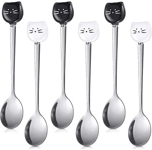 6 Pieces Cat Coffee Spoon Cute Stainless Steel Cat Head Spoon, Lovely Ice Cream Dessert Tool for Stirring Tea Coffee Sugar Dessert (Black, White)