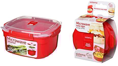 Sistema Cuiseur vapeur micro-ondes avec panier vapeur | 2.4 L Cuiseur vapeur aliments medium | sans BPA | Rouge/Transparent & Micro-ondes Easy Eggs | 271 ml | sans BPA | Rouge