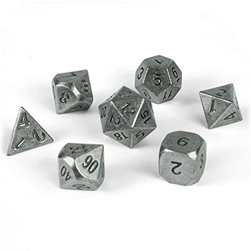 shibby 7 polyedrische Metall-Würfel - Used-Look- für Tabletop und Rollenspiele inkl. Aufbewahrungsbox - Silber