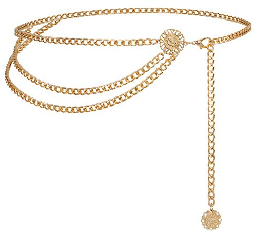 WHIPPY Multi Layer Metal Waist Belt for Women Girls Adjustable Fashion Bling Body Link Belt for Jeans Trousers Dresses,Gold(sun), fit waist size up to 36