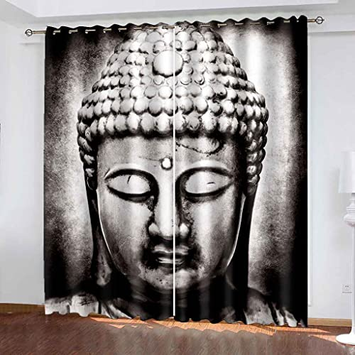 JORILS Blickdichte Gardinen Verdunkelungsvorhang Graue Buddha-Statue Lichtundurchlässige Vorhang mit Ösen für Schlafzimmer Geräuschreduzierung Warm halten Kälteschutz 140x160cm(HxB), 2er Set
