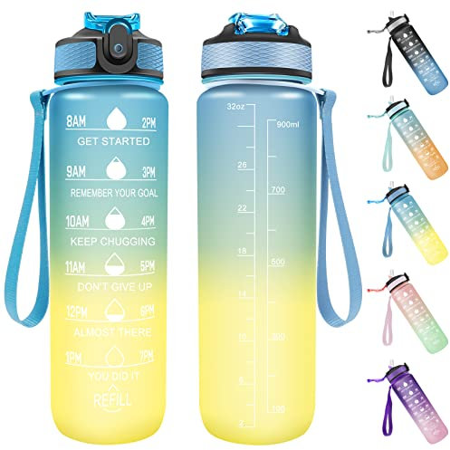 Invool Sports Water Bottle, 1 Litre Water Bottle with Straw & Time Markings, BPA Free, Leakproof & Secure Locking Lid, Tritan Plastic Drink Bottle for School/Cycling/Camping/Running(Blue Yellow)