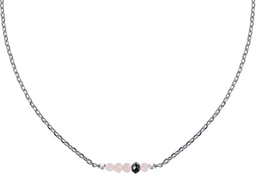 LES POULETTES BIJOUX - Collier Chaine Argent 925 Rhodié Quatre Perles Facettées de Quartz Rose et Un Diamant Noir Facettée
