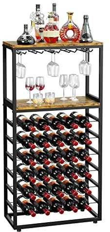 YOLEO 30 Bottles Floor Wine Rack with 2 Tier Wooden Shelves, 6-Tier Freestanding Wine Bottle Organizer Shelf for Liquor and Glasses, Sturdy Metal Bottle Display Holder for Kitchen Pantry