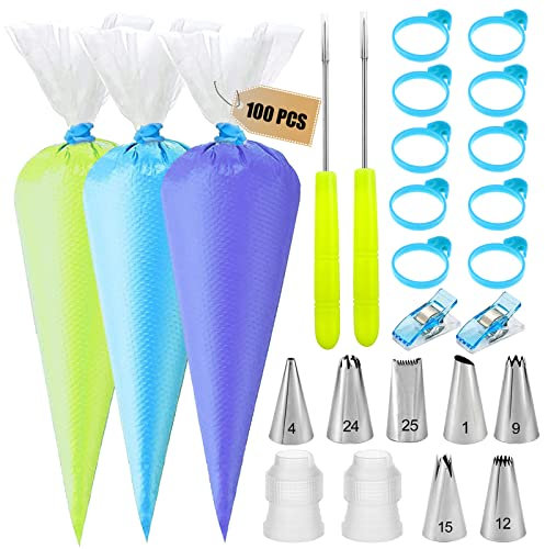 123Pcs Piping Bags and Tips Set, Disposable Icing Pastry Bags, Tipless Piping Bags for Royal Icing/Cookies Decorating with Piping Tips, Pastry Bags Ties & Scriber Needle, Cake Decorating Supplies Kit