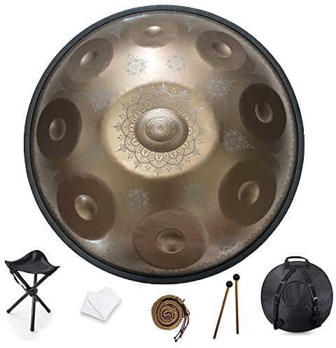 9 Notes 22 Inch Handpan, D-Minor 432hz Steel Drum Percussion instrument, Mandala Musical Performance Handmade Healing Musical Instrument Gift-Gold