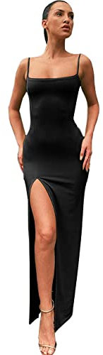 QKEPCY Sexy Kleid Damen Partykleid Damen Bodycon Kleid Spaghettiträger Midikleid Asymmetrisch Figurbetontes Ärmelloses Kleid Enger Sommerkleid Partykleid mit Schlitz (Schwarz M)